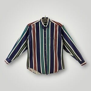 Stockton Mens S Blue Green Burgundy Stripe Button Down Cotton Shirt